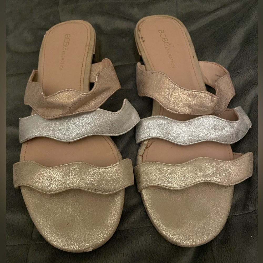 BCBG Gold slip on sandals. Size 8.